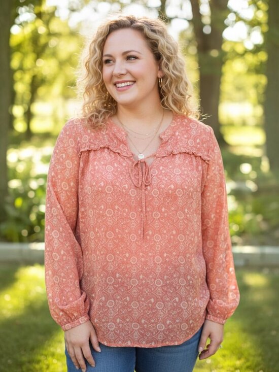 Wonderly Tops - Wonderly Rust Paisley Tie-Front Peasant Blouse Size XL